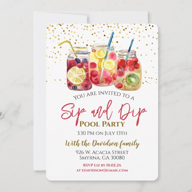 Invitación Fiesta de la piscina de cócteles Sip and Dip Fruit (Anverso)