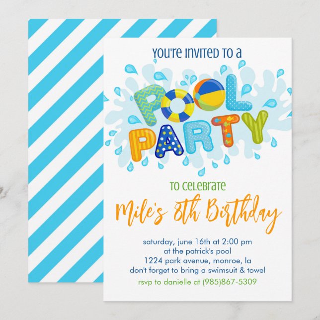 Invitación Fiesta de la piscina de cumpleaños (Anverso / Reverso)