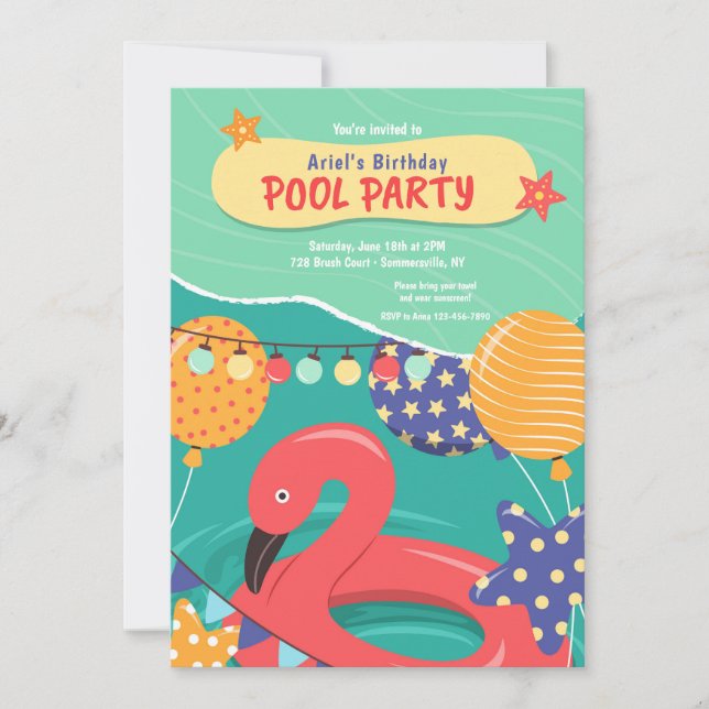 Invitación Fiesta de la piscina de cumpleaños (Anverso)