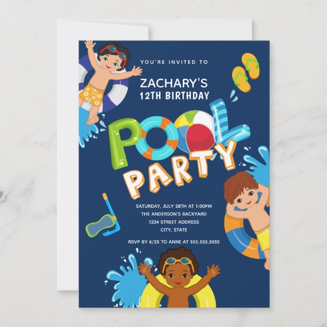 Invitación Fiesta de la piscina de cumpleaños 12 niños (Anverso)