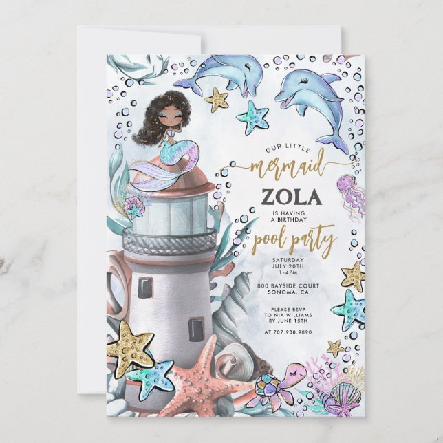 Invitación Fiesta de la piscina de cumpleaños azul rosado de  (Anverso)