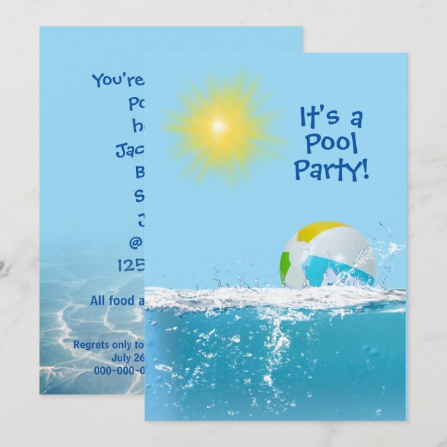 Invitación Fiesta de la piscina de cumpleaños con bola de pla (Anverso / Reverso)