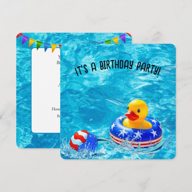 Invitación Fiesta De La Piscina De Cumpleaños Con Pato Amaril (Anverso / Reverso)