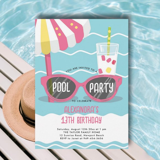Invitación Fiesta de la piscina de cumpleaños Cute Gafas de s (pool birthday party invitations for teens girls tween thirteen sunglasses cute unique cool orange)