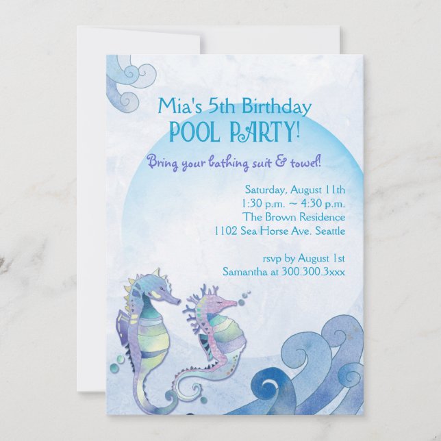 Invitación Fiesta de la piscina de cumpleaños de verano (Anverso)