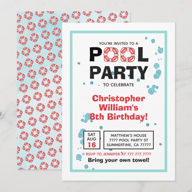 Invitación Fiesta de la piscina de cumpleaños de verano (Anverso / Reverso)