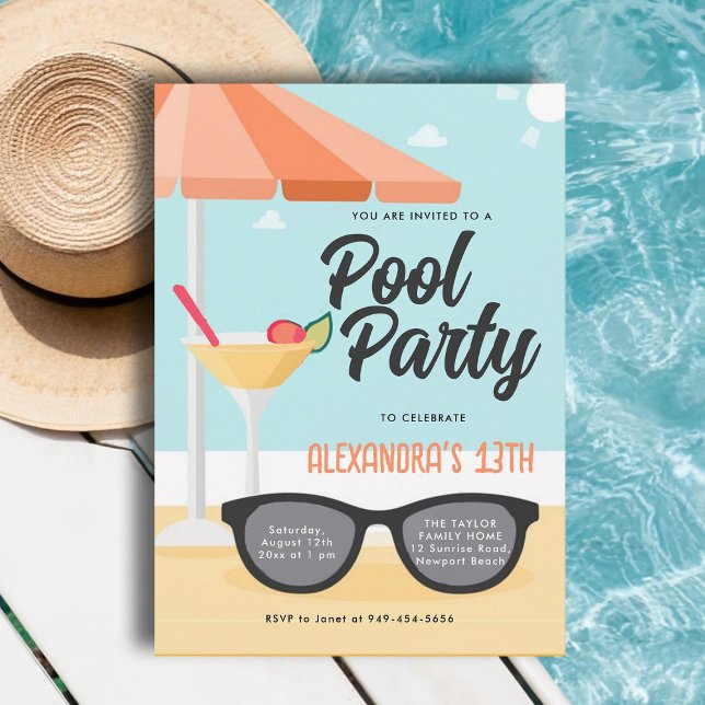 Invitación Fiesta de la piscina de cumpleaños gafas de sol ga (pool birthday party invitations for teens girls tween thirteen sunglasses cute modern cool orange)
