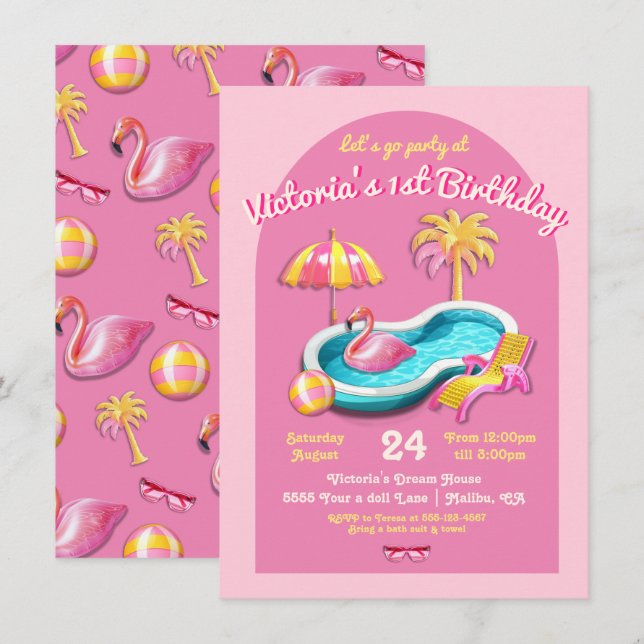 Invitación Fiesta de la piscina de cumpleaños Malibu Beach Do (Anverso / Reverso)