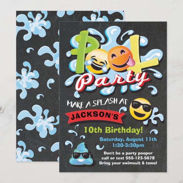 Invitación Fiesta de la piscina de emojis Cumpleaños (Anverso / Reverso)