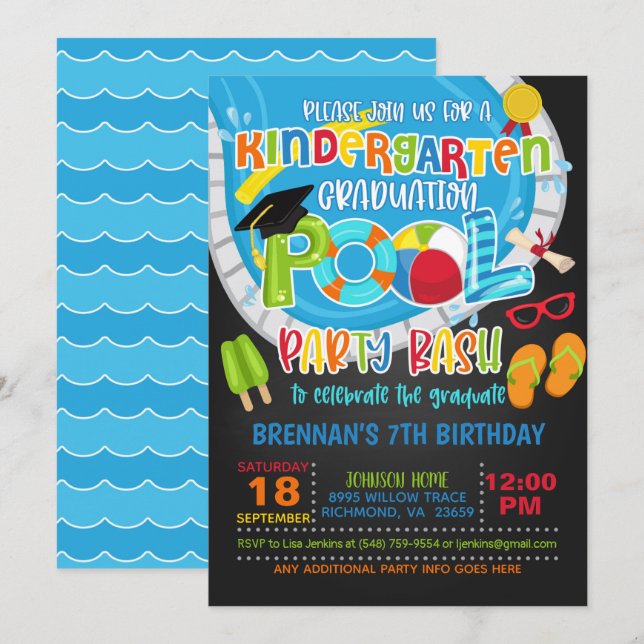 Invitación Fiesta de la piscina de graduación de jardines de  (Anverso / Reverso)