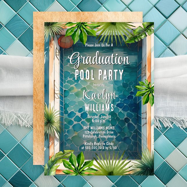 Invitación Fiesta de la piscina de graduación de verano de es (Luxury Mediterranean Style Summer Graduation Pool Party Invitation - Print | Digital Download)