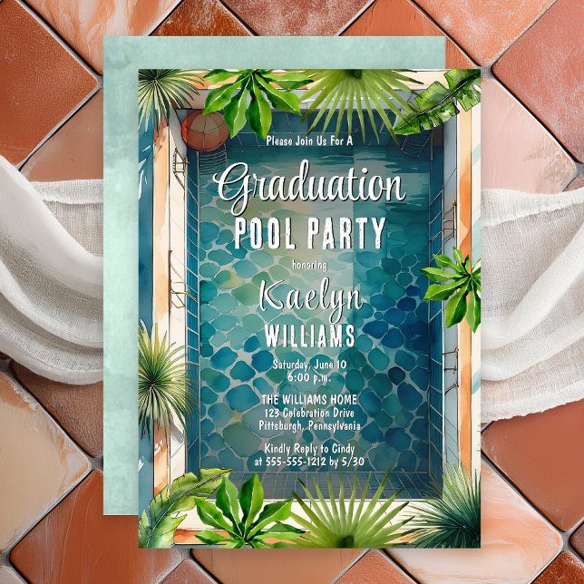 Invitación Fiesta de la piscina de graduación de verano de es (Luxury Mediterranean Style Summer Graduation Pool Party Invitation - Print | Digital Download)