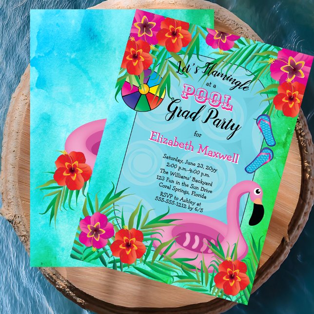 Invitación Fiesta de la piscina de graduación floral rosa Fla (Flamingle Pink Floral Tropical Graduation Pool Party Invitation - Print and/or Digital Download)