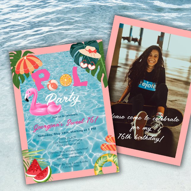 Invitación Fiesta de la piscina de hojas de palmera tropical  (Tropical Palm Leaves Pool Party Sweet 16 Birthday Invitation)