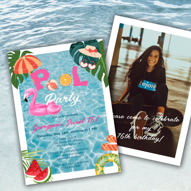Invitación Fiesta de la piscina de hojas de palmera tropical  (Tropical Palm Leaves Pool Party Girl Sweet 16 Birthday Invitation)