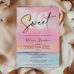 Invitación Fiesta de la piscina de la playa rosa tropical con<br><div class="desc">¡Es un Fiesta de billar! Guión tropical rosa de la puesta de sol de la playa dulce invitación de 16 años.Con un hermoso guión de cepillo. Con una original puesta de sol de playa tropical rosa, violeta y amarilla pintada a mano, perfecta para el verano y el divertido fiesta de...</div>