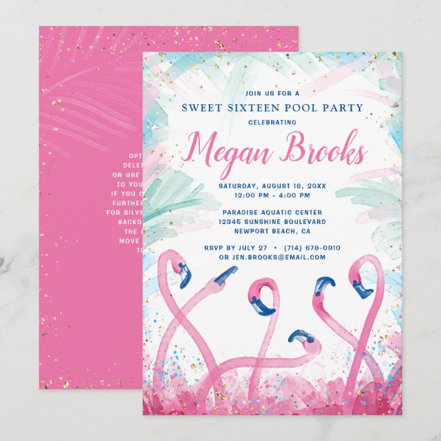 Invitación Fiesta de la Piscina de Oro Rosado Flamingo Tropic (Anverso / Reverso)