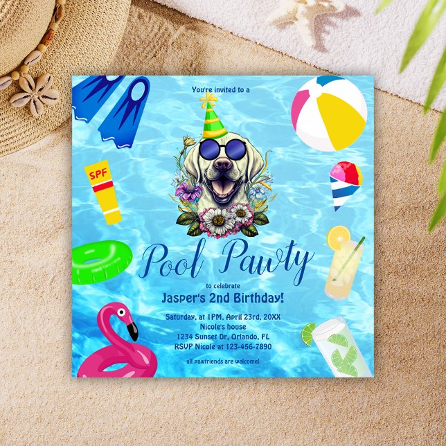 Invitación Fiesta de la piscina de perro lindo (Cute Dog Pool Party Birthday Invitation)