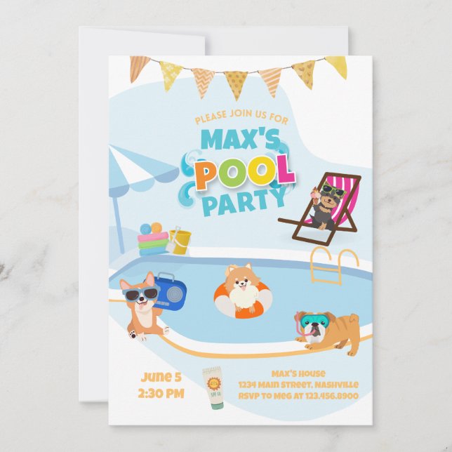 Invitación Fiesta de la piscina de perros, Naranja azul de cu (Anverso)