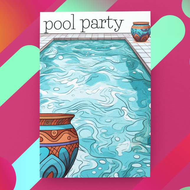 Invitación Fiesta de la piscina de Personalizable azul Aqua (Customize the back of this summer celebration pool party invitation with clay pots and a pool. )
