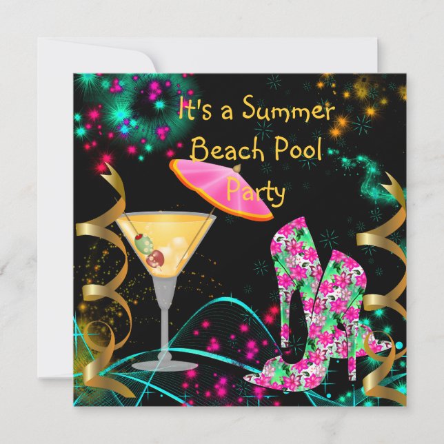 Invitación Fiesta de la piscina de playa negra rosada de vera (Anverso)