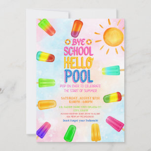 Invitación Fiesta de la piscina de saludo escolar de Cute Bye