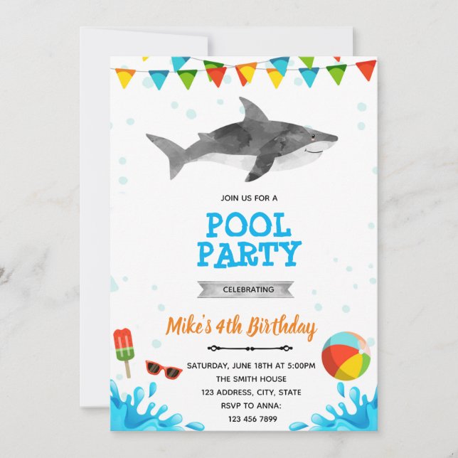 Invitación Fiesta de la piscina de Shark Beach (Anverso)