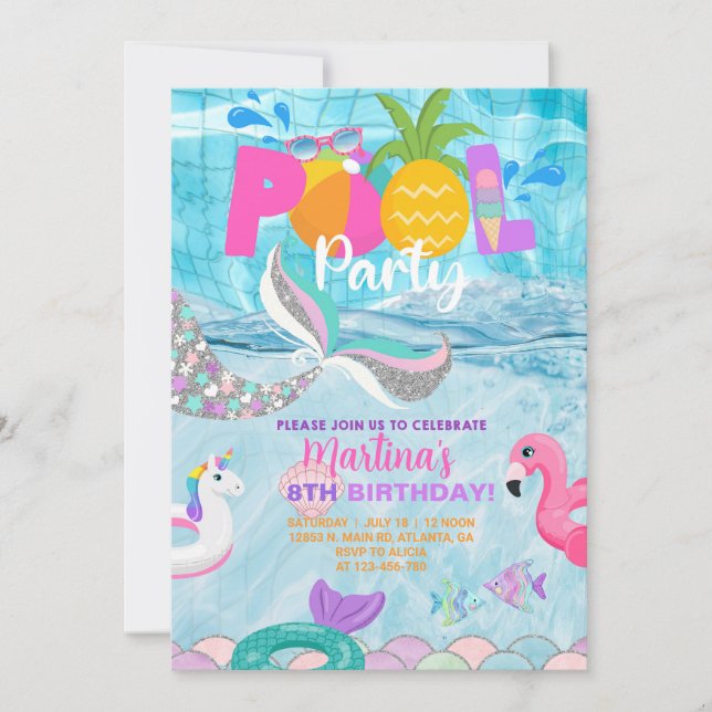 Invitación fiesta de la piscina de sirena chica, verano de la (Anverso)