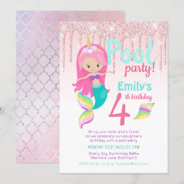 Invitación Fiesta de la PISCINA de Sirena Purpurina Chica ros