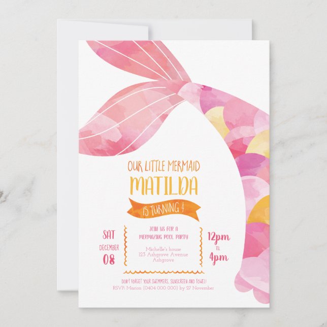 Invitación Fiesta de la piscina de sirvientas naranja y rosa  (Anverso)