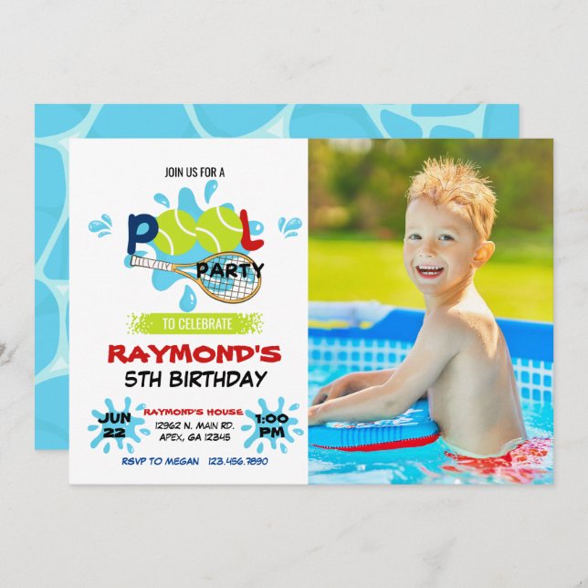 Invitación Fiesta de la piscina de tenis fotográfica Cumpleañ (Anverso / Reverso)