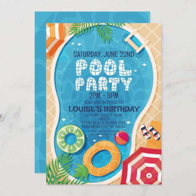 Invitación Fiesta de la piscina de verano Cumpleaños (Anverso / Reverso)