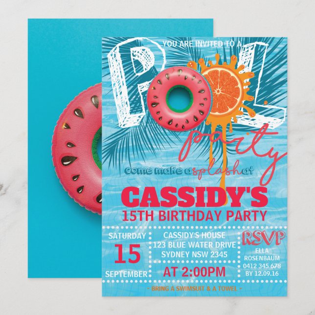Invitación Fiesta de la piscina de verano Cumpleaños (Anverso / Reverso)