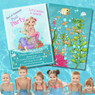 Invitación Fiesta de la piscina de verano de la sirena rosa c