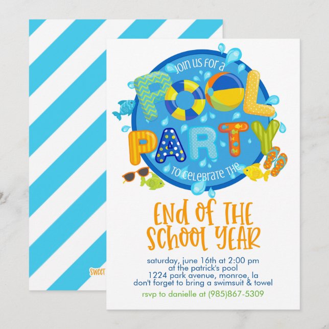 Invitación Fiesta de la piscina de verano, Fiesta de fin de a (Anverso / Reverso)