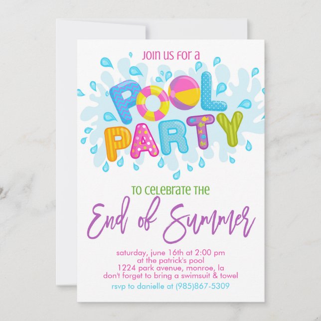Invitación Fiesta de la piscina de verano, Fiesta de fin de a (Anverso)