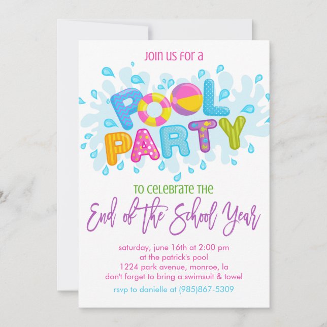 Invitación Fiesta de la piscina de verano, Fiesta de fin de a (Anverso)