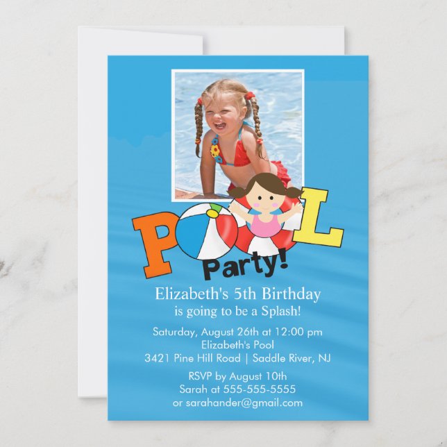 Invitación Fiesta de la PISCINA de Verano FOTO Chica de la in (Anverso)