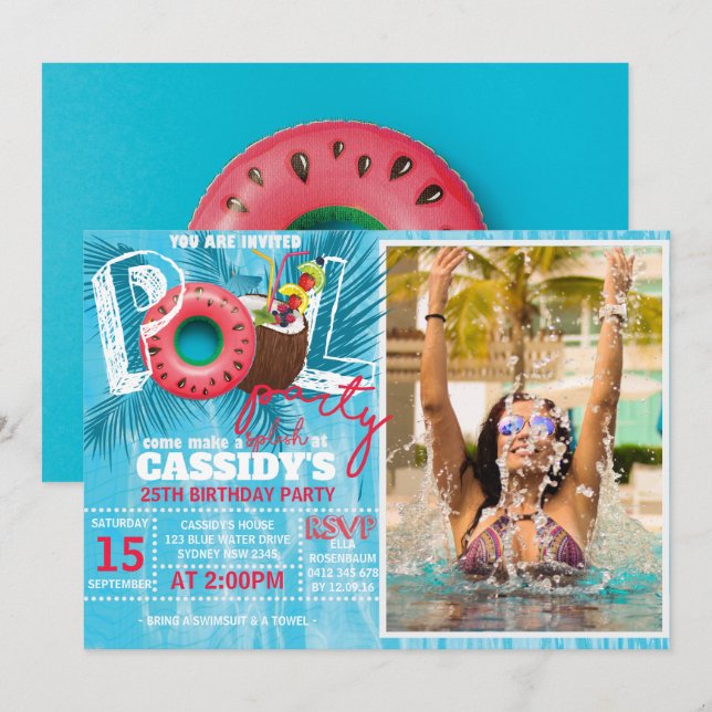 Invitación Fiesta de la piscina de verano foto Cumpleaños (Anverso / Reverso)