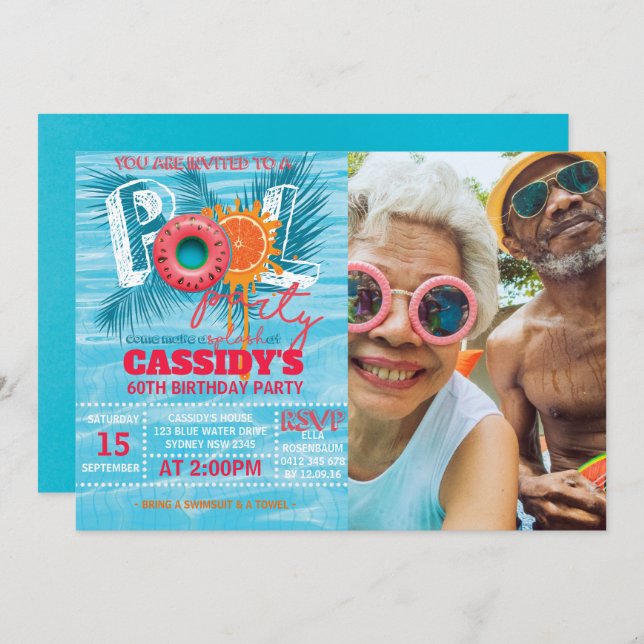 Invitación Fiesta de la piscina de verano FOTO de cumpleaños (Anverso / Reverso)