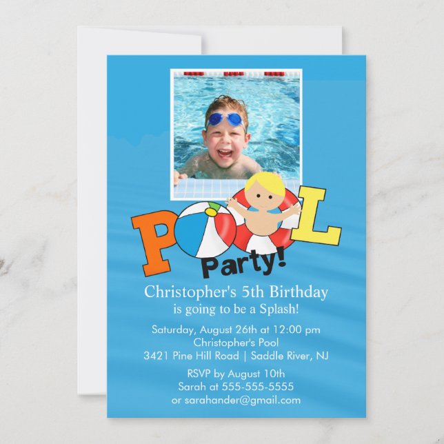 Invitación Fiesta de la PISCINA de Verano FOTO Niño de la inv (Anverso)