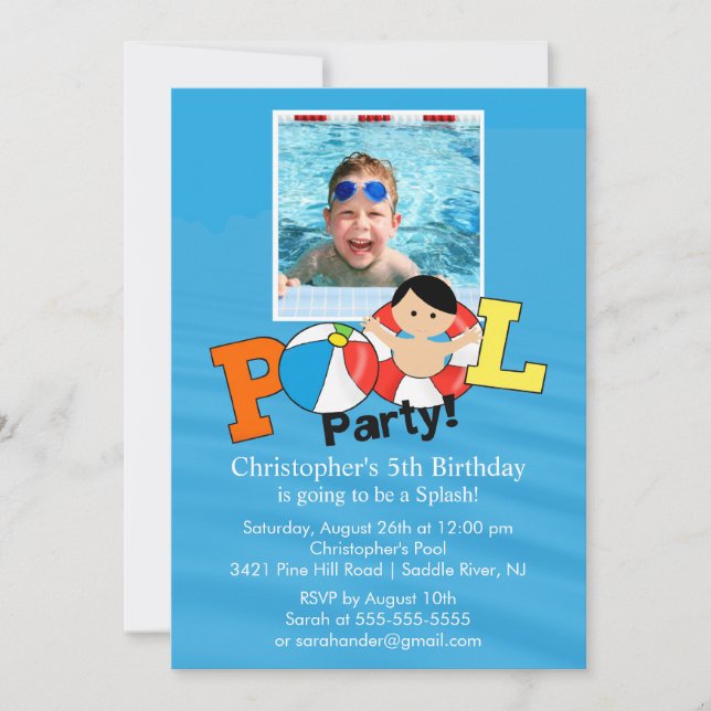 Invitación Fiesta de la PISCINA de Verano FOTO Niño de la inv (Anverso)