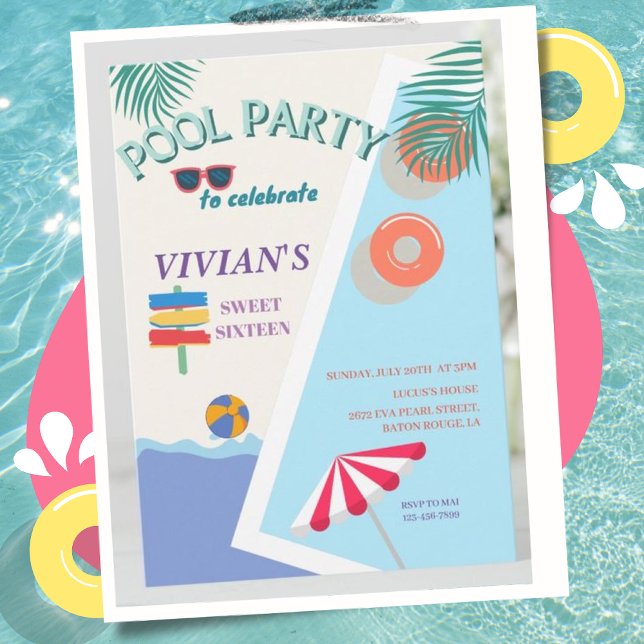 Invitación Fiesta de la piscina de verano moderna dulce 16 cu (Subido por el creador)