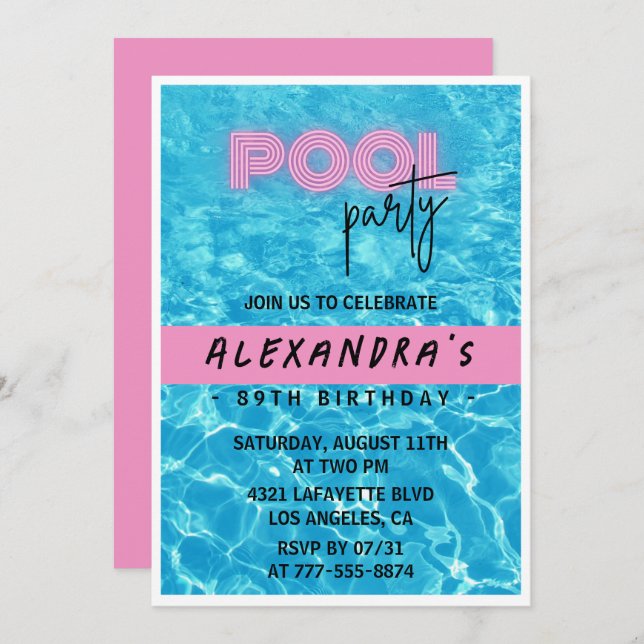 Invitación Fiesta de la piscina de verano rosada de 89 años (Anverso / Reverso)