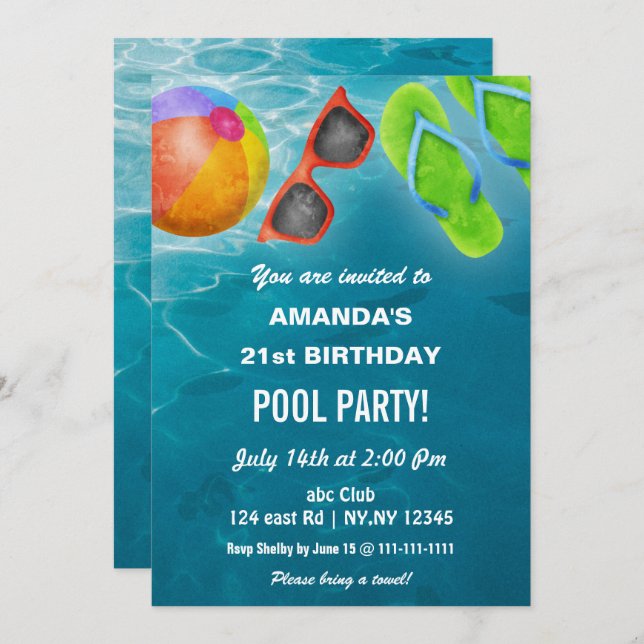Invitación Fiesta de la piscina de verano rústica cumpleaños (Anverso / Reverso)