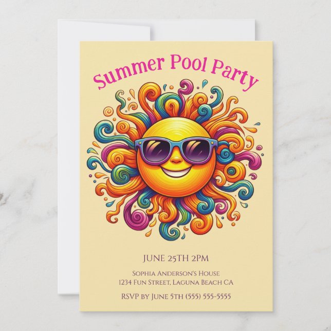 Invitación Fiesta de la piscina de verano - Sonrisas soleadas (Anverso)