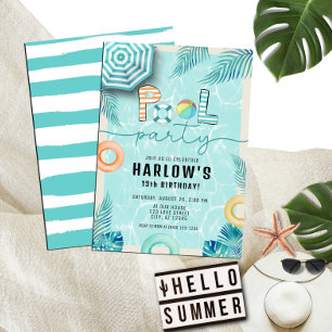 Invitación Fiesta de la piscina de verano tropical verde azul