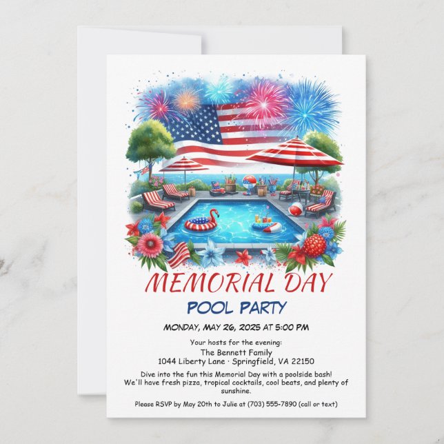 Invitación Fiesta de la piscina del día conmemorativo | Bash  (Anverso)