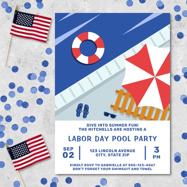 Invitación Fiesta de la piscina del Día del Trabajo Blanco y  (Labor day pool party invitation)