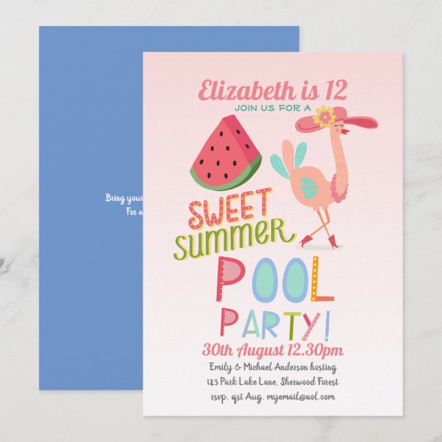 Invitación Fiesta de la PISCINA Flamingo Tropical Agua Rosa C (Anverso / Reverso)